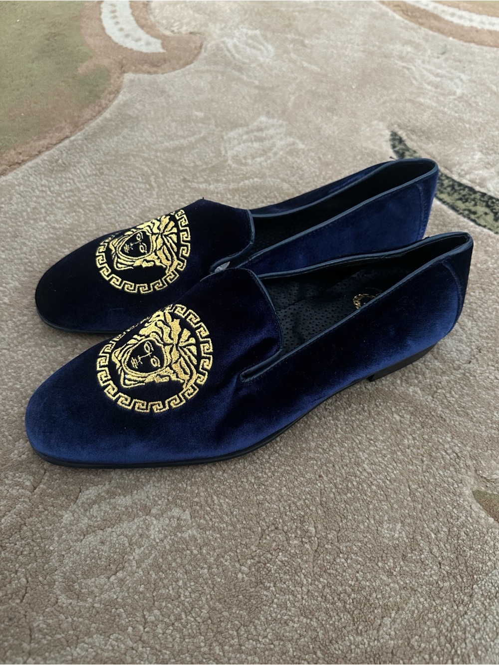 Astro Enzo Men's Blue Velvet Embroidered Loafers with Gold Medallion